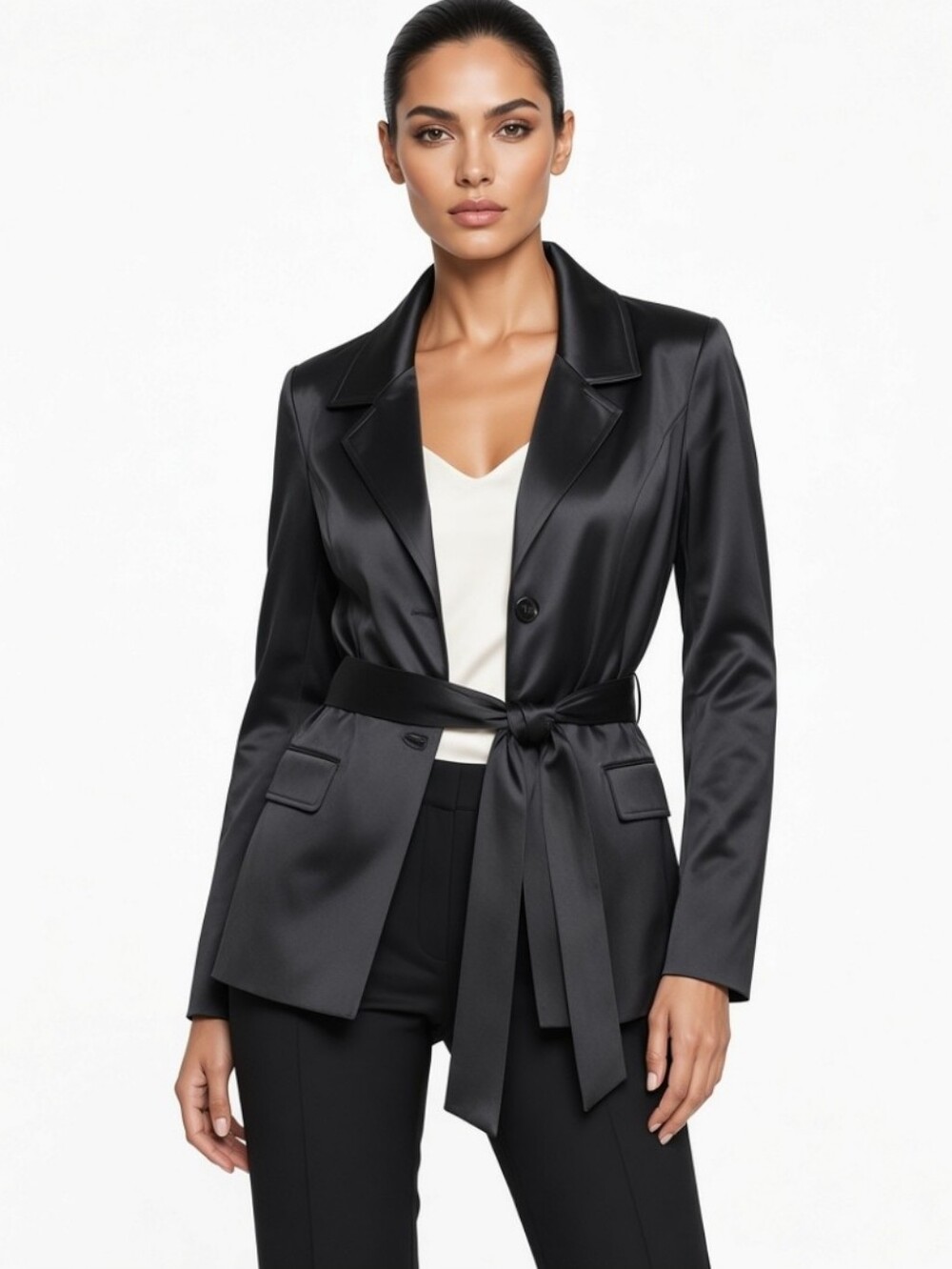 Harve Benard Women Black Satin Tie-Waist Blazer (Sz:Large)
